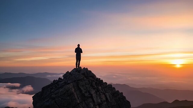 silhouette on rocky mountain peak at sunset with expansive sky and clouds
