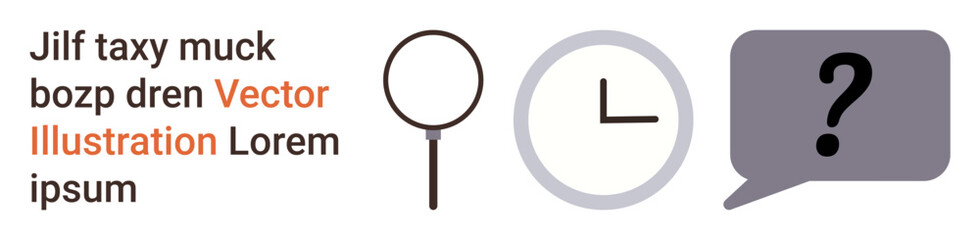 Business solutions, time management, information search, decision-making, inquiry, problem-solving. Minimalist icons of a magnifying glass, clock and question mark. Search and time management © robu_s
