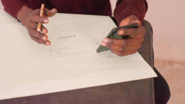 Black artist sketching portrait outline on paper, closeup of dark hands holding pencil and eraser, dotted facial guide lines, warm studio light, focused calm atmosphere, tabletop composition