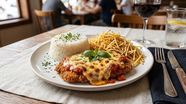 Traditional Beef Parmigiana with white rice and potato sticks (batata palha) on a white plate.