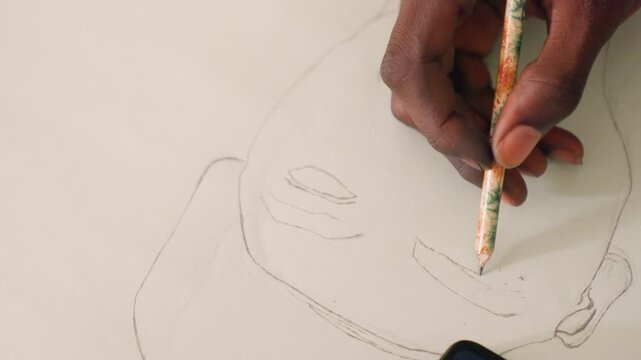 Refining features with precise strokes. Closeup of artist shaping facial contours carefully. Artist meticulously enhancing mouth and chin outlines as part of preliminary sketching process