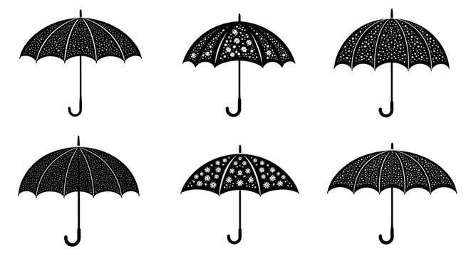 Collection of six black and white umbrellas with various patterns.