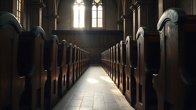 phonology. Ancient wooden church pews in rows, light from stained glass window. event programs, museum guides, designed for cultural heritage projects and event programs.