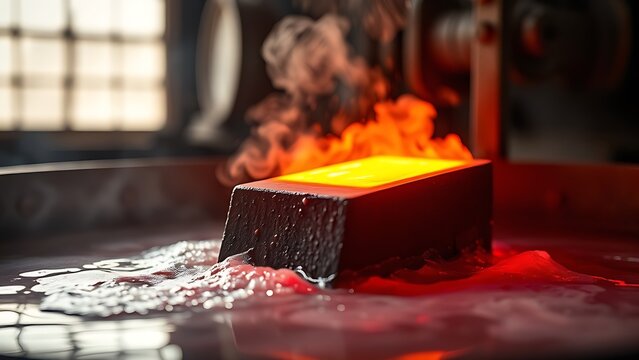 enthalpy. Red-hot steel being quenched in water, creating dramatic clouds of steam. safety posters, maintenance manuals, designed for industrial assembly lines and welding operations.