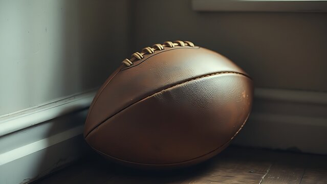 nonessential. An old, deflated leather football lying in a corner with soft natural light. event key visuals, club posters, designed for fitness apps and gym onboarding, supports training.
