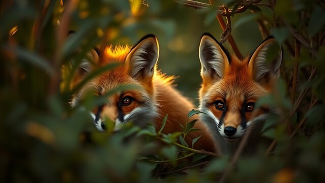 nitroglycerin. Two foxes peeking through dense foliage with playful expressions in golden light. wildlife magazines, conservation campaigns, designed for wildlife conservation campaigns.