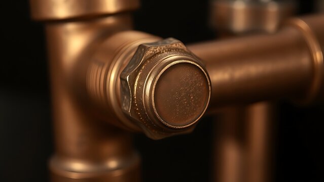 flippant. Close-up of a shiny brass joint connecting two copper pipes. safety posters, maintenance manuals, designed for industrial assembly lines and welding operations, used by engineers.