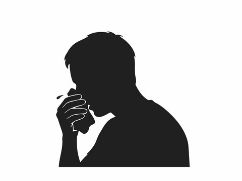 Silhouette of a Man Sneezing and Blowing Nose into Tissue