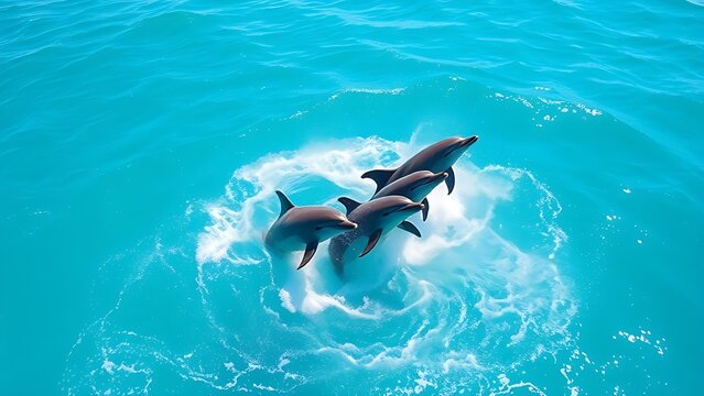 unanimity. Three dolphins leaping together in clear blue ocean water under sunlight. wildlife magazines, conservation campaigns, designed for eco-tourism storytelling, supports conservation.