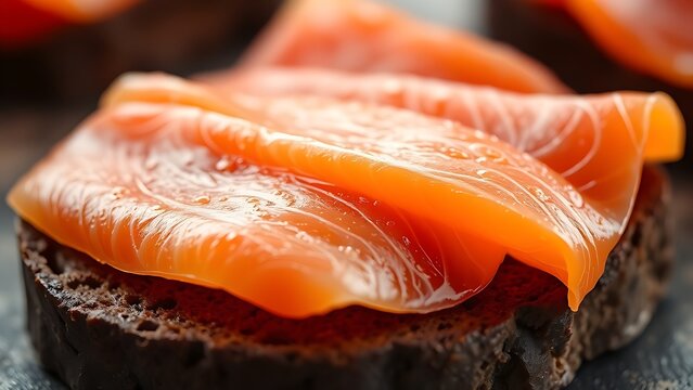 tonalite. Close-up of oily smoked salmon slices on dark rye bread. menu design, packaging mockups, designed for culinary blogs and recipe cards for restaurants, used by interior designers.
