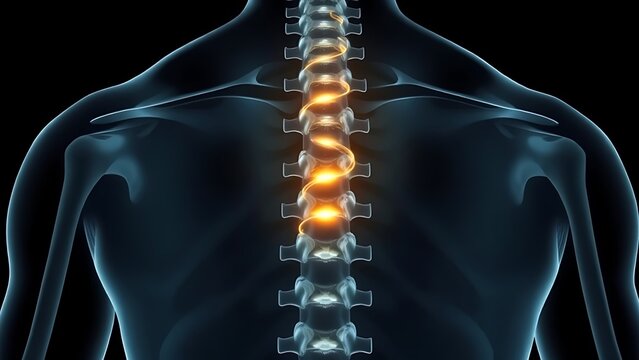 culpability. X-ray silhouette of a human spine with a subtle golden coil ascending within the vertebrae. STEM education sheets, lab safety posters, designed for biotech research communications.