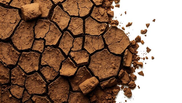 fimbria. Dry soil texture with cracked earth pattern isolated on white background. ESG reports, sustainability campaigns, designed for sustainability communications and ESG reporting.