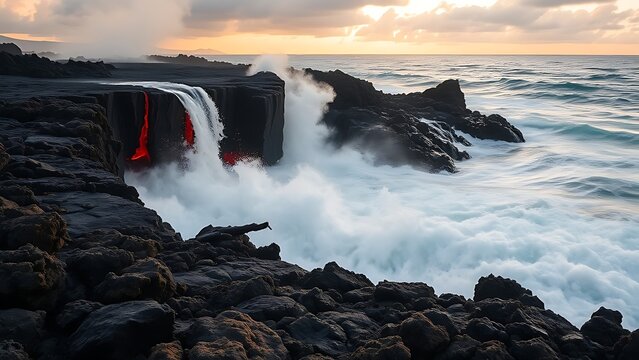 meson. Lava meeting ocean, forming black volcanic rock with rising steam at sunset. inspiring travel planning, travel magazines, designed for travel destination branding, used by nutritionists.