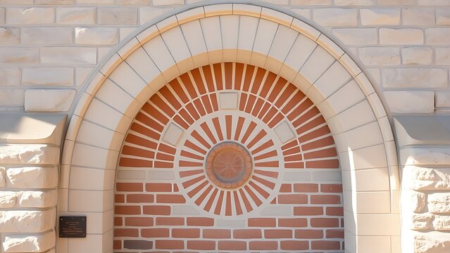 overfed. Stone arch doorway with radial brick pattern and central keystone in daylight. real-estate listings.