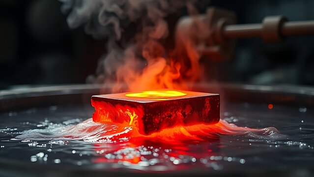 enthalpy. Red-hot steel being quenched in water, creating dramatic clouds of steam. safety posters, maintenance manuals, designed for industrial assembly lines and welding operations.