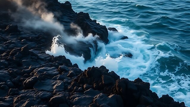 meson. Lava meeting ocean, forming black volcanic rock with rising steam at sunset. inspiring travel planning, travel magazines, designed for travel destination branding, used by nutritionists.
