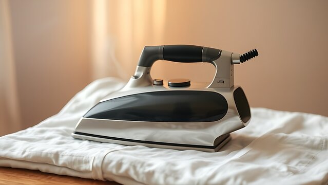 bergere. A vintage iron on a folded white shirt with rising steam in warm nostalgic light. lifestyle magazines, social media lookbooks, designed for influencer and brand collaborations.