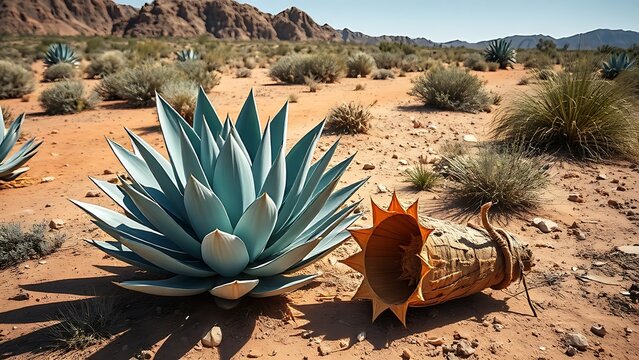 amalgam. A mature blue agave plant lies harvested on the arid desert ground under harsh sunlight. gardening catalogs, home-decor guides, designed for gardening and botanical catalogs.