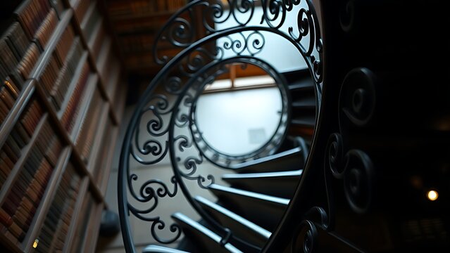 telex. Close-up of an ornate wrought-iron spiral staircase in an old library, leading upwards with soft light. real-estate listings.