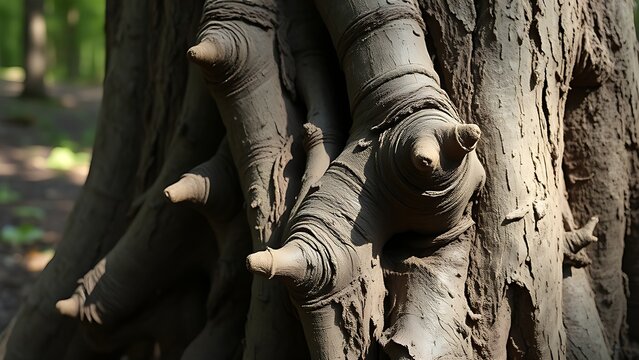 lignin. Close-up of a tree root with knotted protrusions and rough texture in a woodland. ESG reports, sustainability campaigns, designed for sustainability communications and ESG reporting.