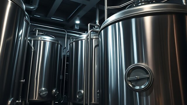nepotism. A gleaming stainless steel fermenter with pipes in a dim cellar. bar promotions, beverage menus, packaging labels, designed for product packaging and bar promotions, used by photographers.