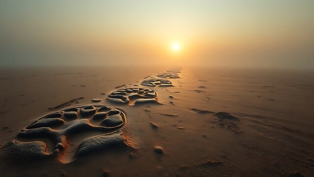 implementer. Fossilized Tyrannosaurus rex footprints in mud, leading into misty dawn. wildlife magazines, conservation campaigns, designed for wildlife conservation campaigns.