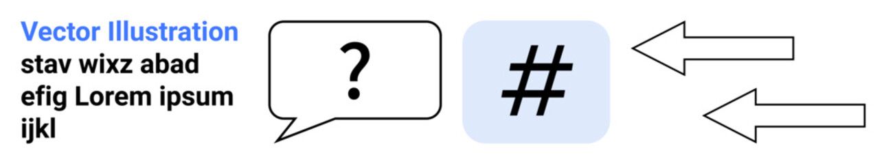 Fototapeta premium Question mark inside speech bubble, metadata tag icon, and arrows emphasizing interaction, social media, and content sharing. Ideal for digital marketing, community building, social engagement