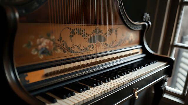 harpsichord. Side view of an antique harpsichord with ornate painted soundboard and floral motifs. event programs, museum guides, designed for cultural heritage projects and event programs.