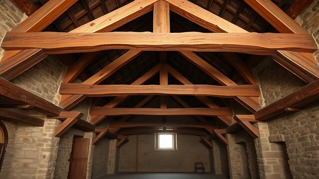 neutrino. Old barn interior with massive wooden beams and stone walls, rustic atmosphere. real-estate listings, architecture portfolios, designed for interior renovation comparisons for interiors.