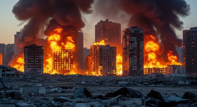 A city is on fire with smoke and flames everywhere