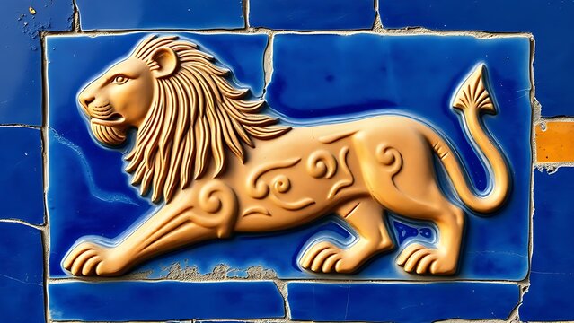 ishtar. Glazed brick relief of a lion against lapis lazuli blue background with gold accents, intricate patterns. event programs.