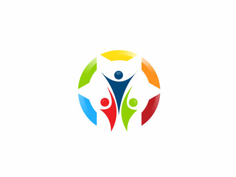 901.A motivational logo showing stylized people with arms raised in joy, surrounded by a multi-colored frame, representing success, family happiness, and group achievement.