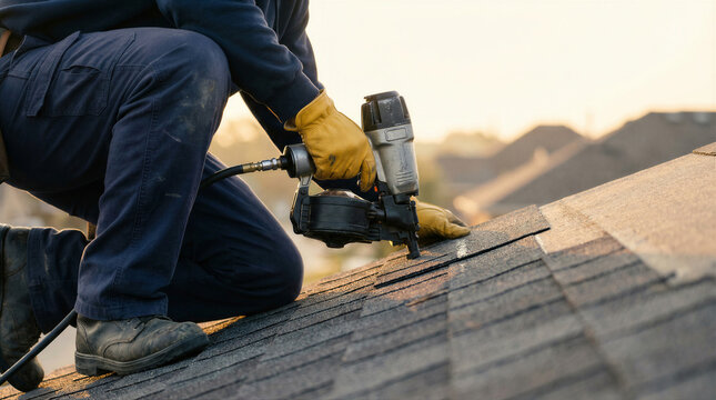 Roofer installing new asphalt shingles with a nail gun on a residential house roof at sunset, closeup of the worker