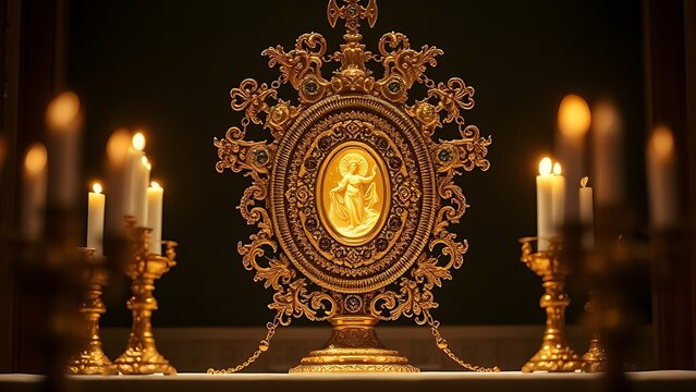 monstrance. Ornate gold and jeweled monstrance on altar, glowing from candlelight. event programs, museum guides, designed for cultural heritage projects and event programs.