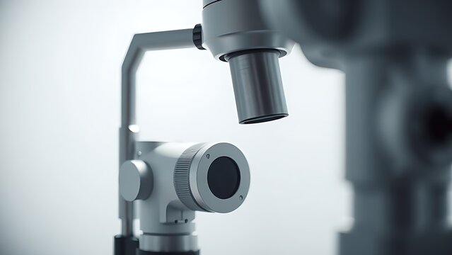 ophthalmoscope. Professional ophthalmoscope in a clean white room with clinical lighting. STEM education sheets, lab safety posters, designed for biotech research communications.