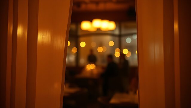noren. View through lifted noren curtain revealing warm glow and silhouettes inside restaurant. real-estate listings.