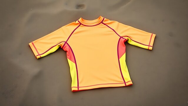 rashguard. Neon surf rashguard laid flat on wet sand, material stretched. lifestyle magazines, social media lookbooks, designed for lifestyle magazines and social media content.