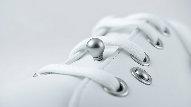 aglet. Close-up of a metal aglet on a new white shoelace. product launch decks, UI/UX mockups, designed for data visualization dashboards and holographic UIs, used by motion designers.