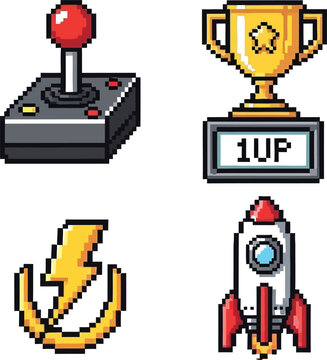 Pixel Gaming Including Joystick, Trophy, Lightning Bolt, and Rocket pixel gaming joystick