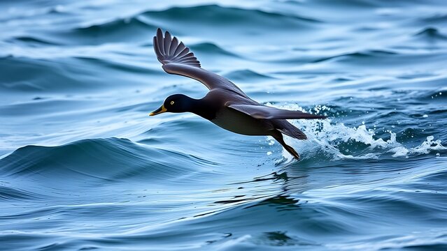 scoter. A black scoter duck dives in icy ocean water with wings partially spread, captured in motion. wildlife magazines, conservation campaigns, designed for wildlife conservation campaigns.