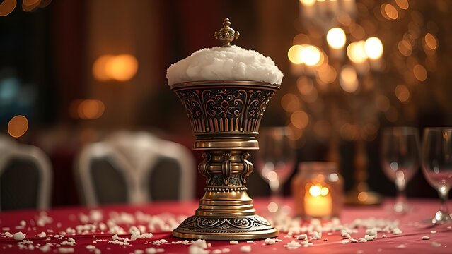 flagon. A single ornate ceremonial metal flagon on a table, foam clinging to its rim. bar promotions, beverage menus, designed for food & beverage menus and cafe branding, elevates brand perception.