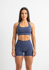 Fototapeta premium Young athletic woman in sports bra and shorts standing against a white background