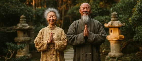 Obraz premium Smiling elderly couple practicing Tai Chi in the park at sunrise, cinematic active aging and dementia prevention lifestyle concept