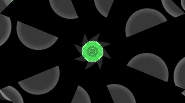 Green glowing abstract geometric pattern with rotating grey semi-circles on a black background, creating a digital art effect.