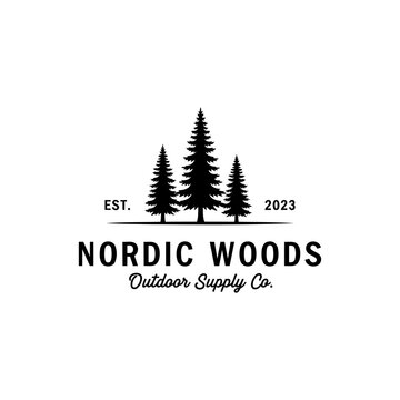 Nordic Woods Outdoor Supply Co. logo with pine tree silhouette and vintage badge design.