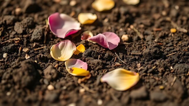 trampled. A garden soil surface with trampled flower petals and broken stems in soft daylight. ESG reports, sustainability campaigns, designed for sustainability communications and ESG reporting.