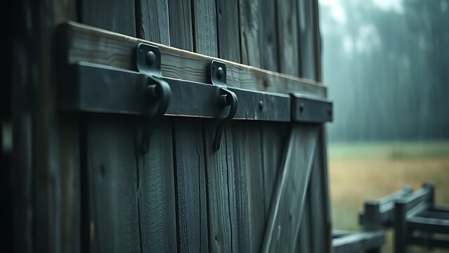 hasp. Weathered barn door with a heavy metal hasp swaying in a rainy atmosphere. real-estate listings, architecture portfolios, designed for architectural facade and classical detail presentations.