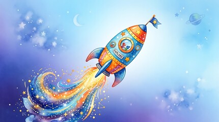 Fototapeta premium Vibrant cartoon rocket blasting off into a sparkling cosmic wonderland, a symbol of joyful exploration and ambitious dreams