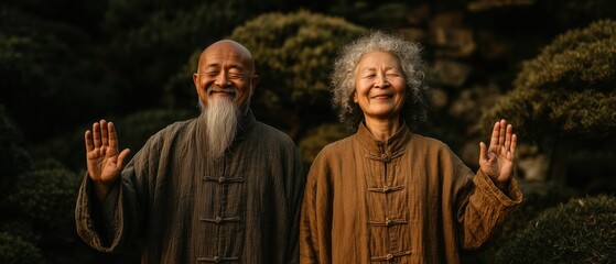 Obraz premium Smiling elderly couple practicing Tai Chi in the park at sunrise, cinematic active aging and dementia prevention lifestyle concept