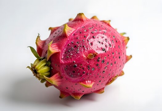 Ripe dragon fruit with vibrant pink skin and green leafy stem against a plain background. drachenfrucht